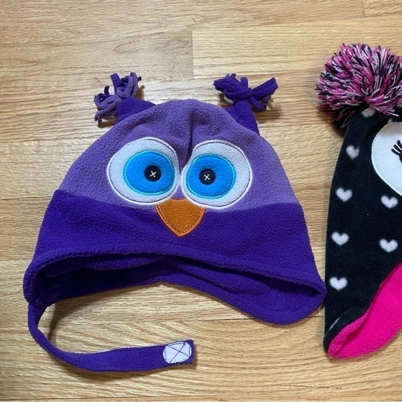 Toddler Hat Mitten Bundle Lot Owl Penguin Pink Purple Black Knit Winter - Picture 3 of 6